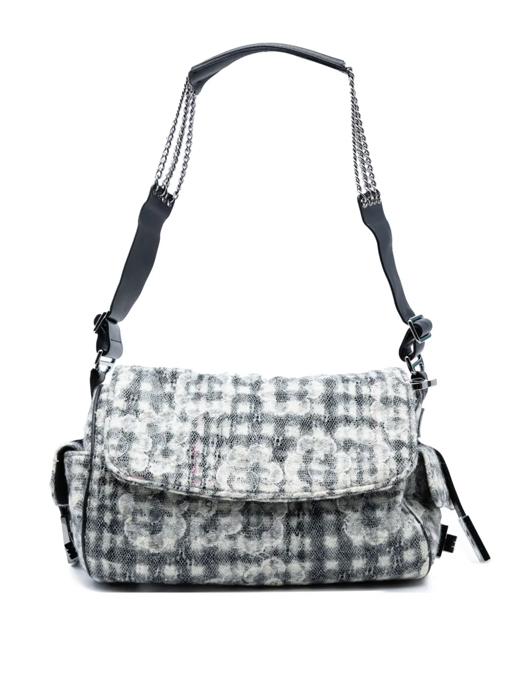Pre-owned Chanel 2005-2006 Tweed Camellia Chain Flap Shoulder Bag In Black