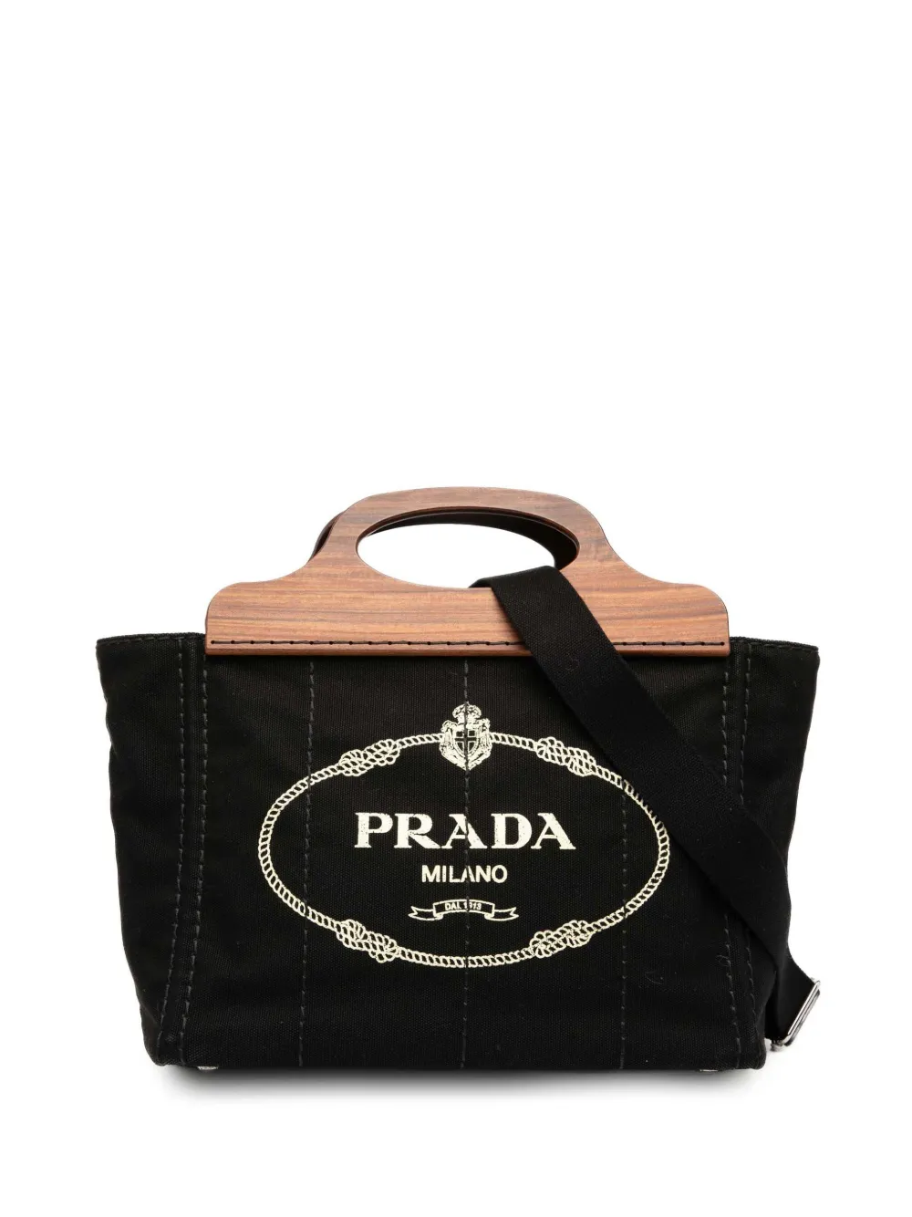 Pre-owned Prada 2013-2025 Canvas Wood Handle Canapa Logo Satchel In Black