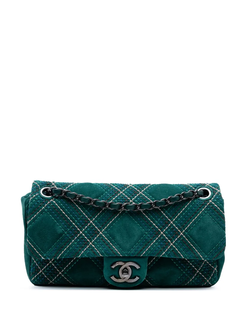 Pre-owned Chanel 2013-2014 Paris Edinburgh Medium Stitched Suede Saltire Single Flap Shoulder Bag In Green