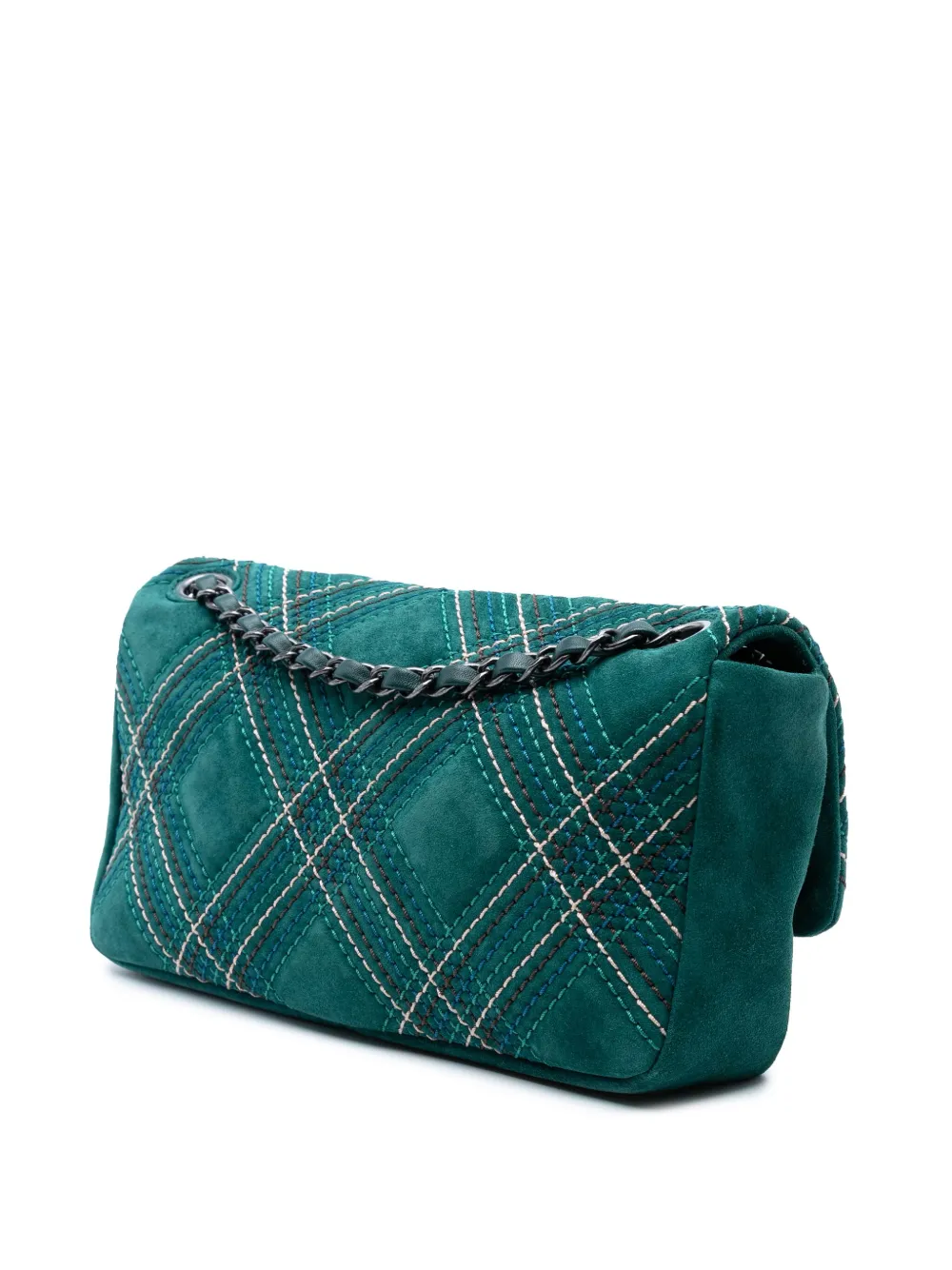 Pre-owned Chanel 2013-2014 Paris Edinburgh Medium Stitched Suede Saltire Single Flap Shoulder Bag In Green