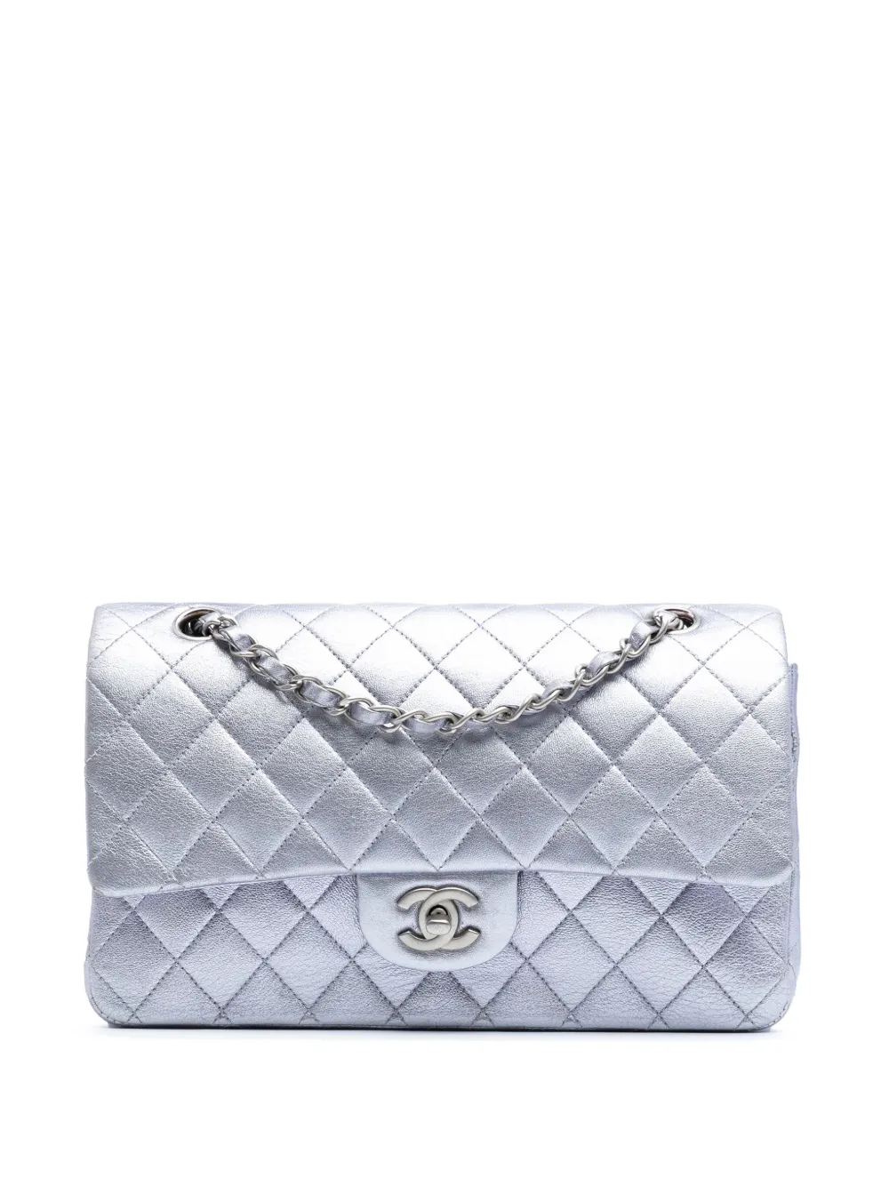 Pre-owned Chanel 2010-2011 Medium Classic Metallic Calfskin Double Flap Crossbody Bag In Silver