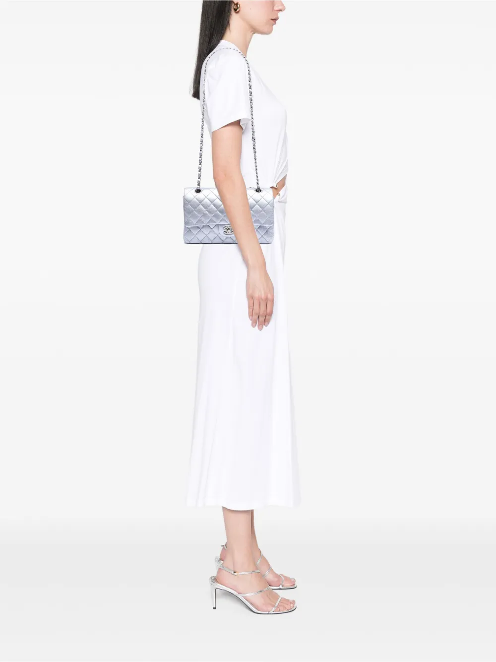 Pre-owned Chanel 2010-2011 Medium Classic Metallic Calfskin Double Flap Crossbody Bag In Silver