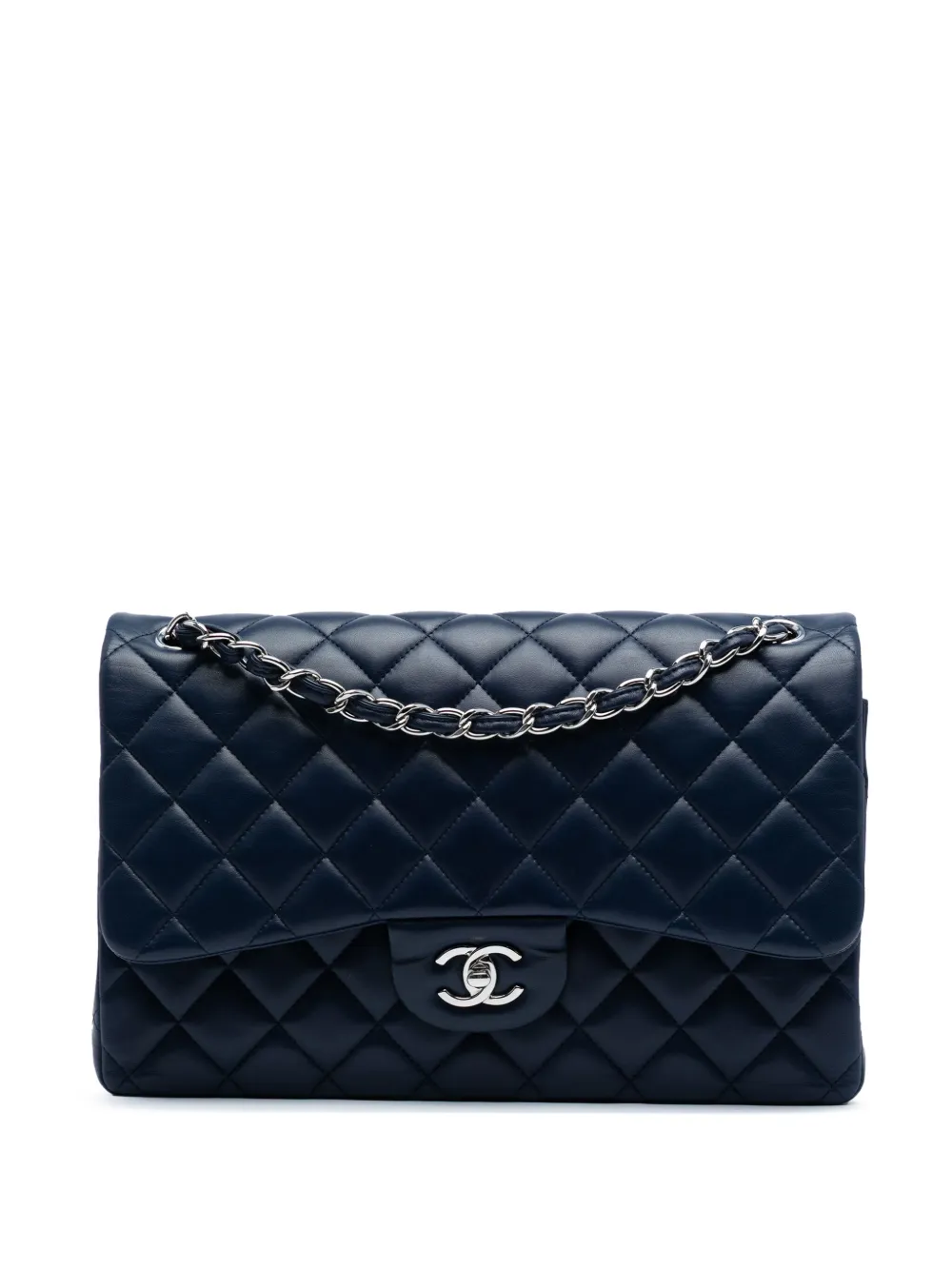Pre-owned Chanel 2019 Jumbo Classic Lambskin Double Flap Shoulder Bag In Blue