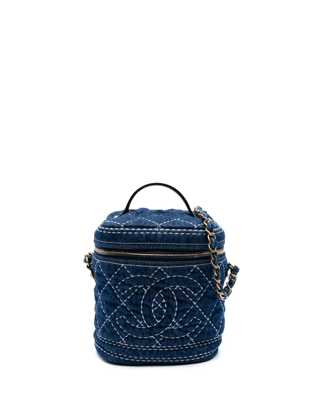 CHANEL Pre-Owned 2019 CC Quilted Denim Trip Vanity Case with Chain satchel - Blu