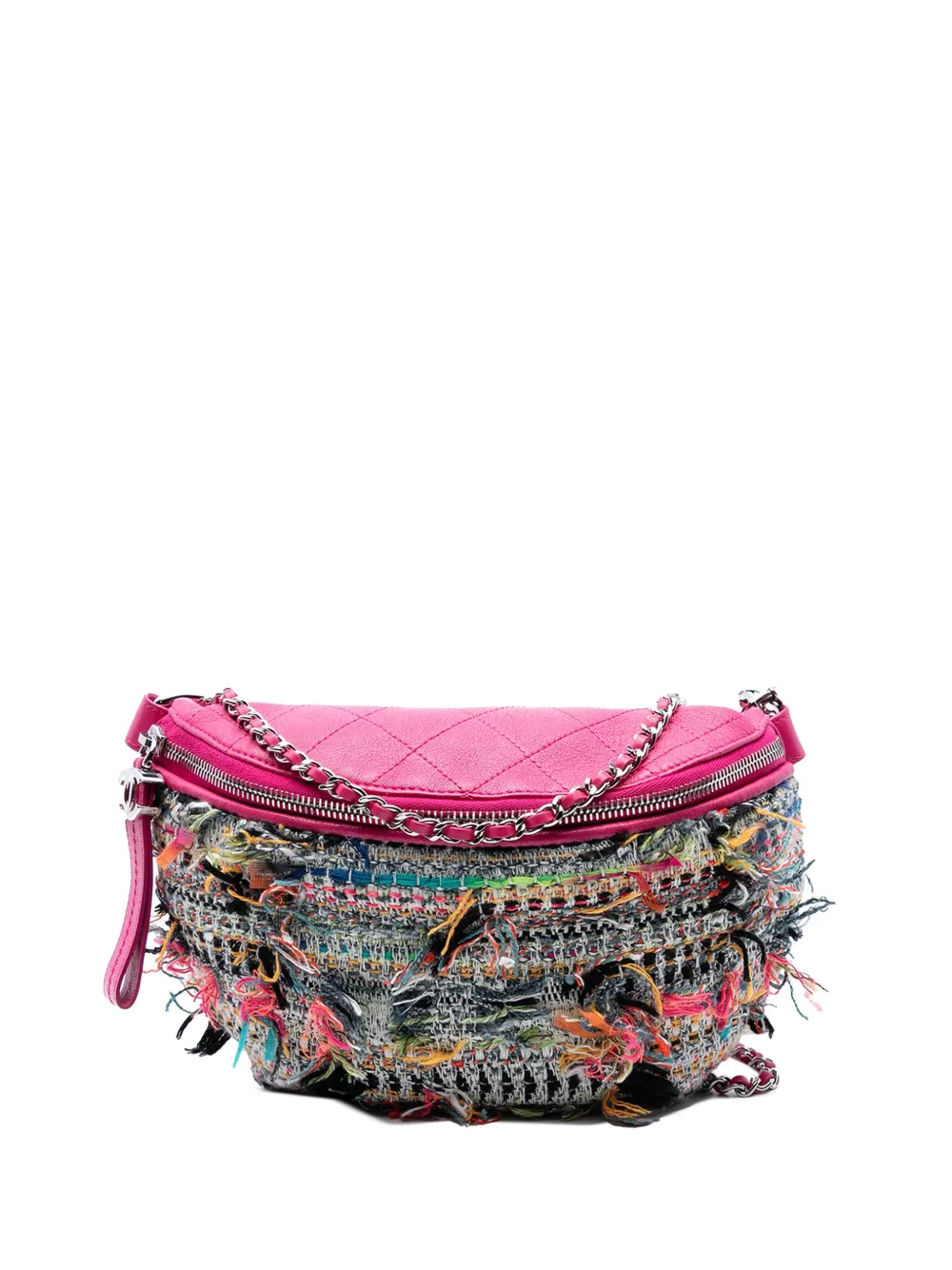 Pre-owned Chanel 2017-2018 Tweed And Stitched Calfskin Gabrielle Waist Bag Belt Bag In Pink