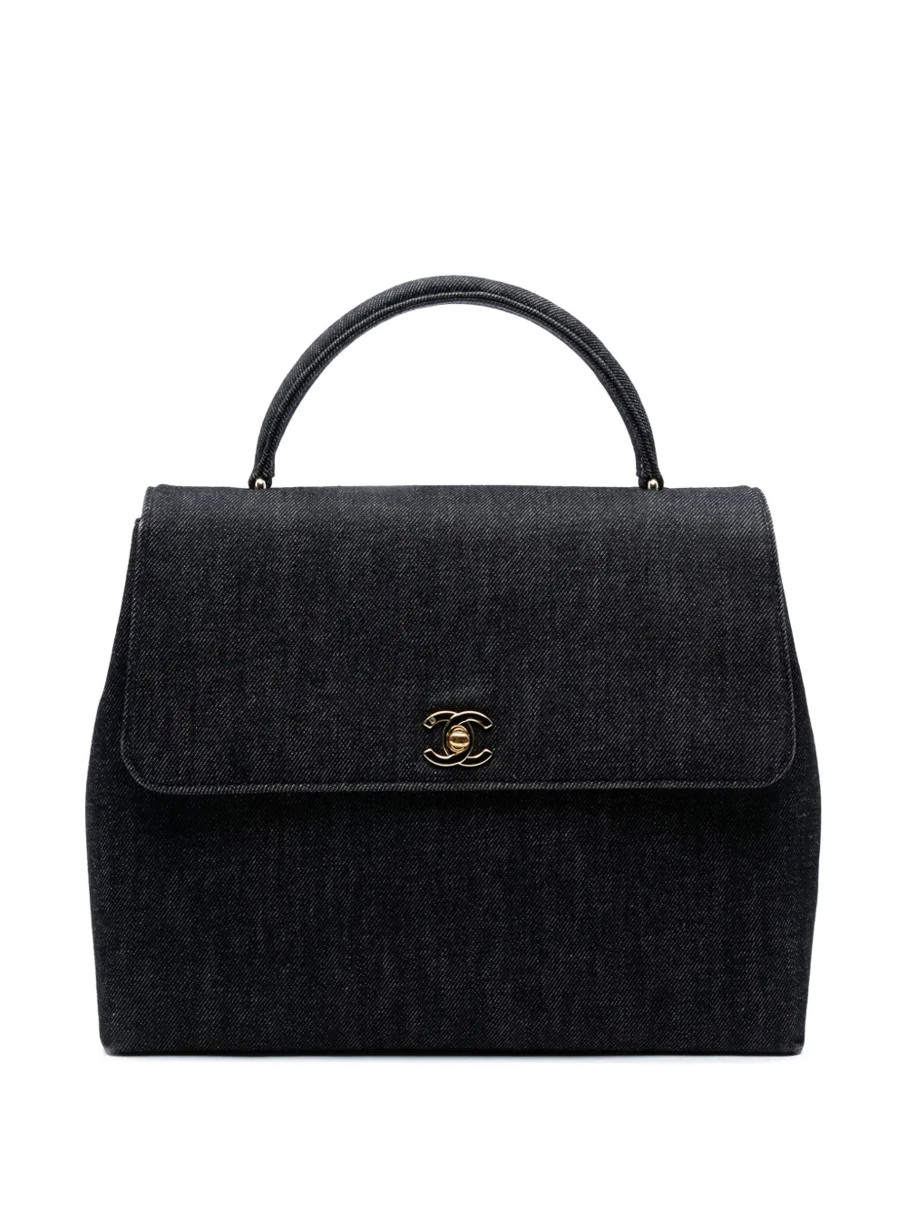 Pre-owned Chanel 1997-1999 Cc Denim Kelly Top Handle Bag Handbag In Black