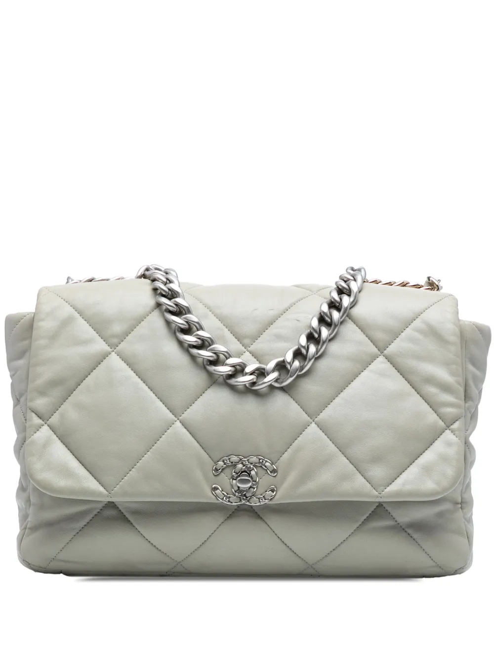 Pre-owned Chanel 2021-2025 Maxi Lambskin 19 Flap Satchel In Gray