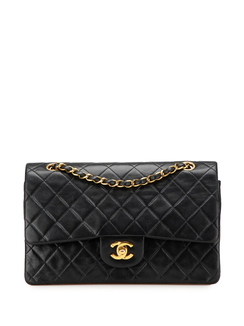 Pre-owned Chanel 2016-2017 Medium Classic Lambskin Double Flap Shoulder Bag In Black