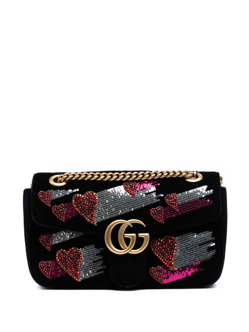 Pre-owned Gucci 2016-2025 Medium Gg Marmont Matelasse Velvet Sequin Embellished Shoulder Bag In Black