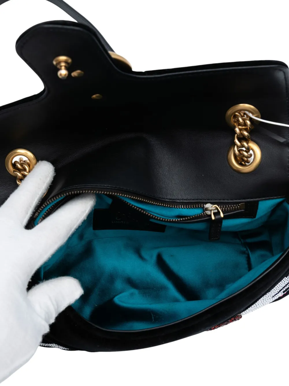 Pre-owned Gucci 2016-2025 Medium Gg Marmont Matelasse Velvet Sequin Embellished Shoulder Bag In Black