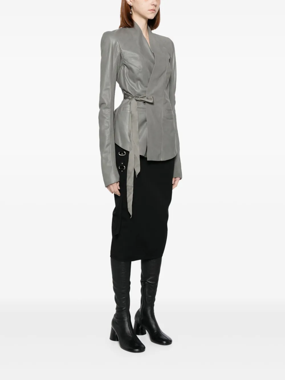 Rick Owens Leather Jacket With Tie Waist And Long Sleeves In Gray
