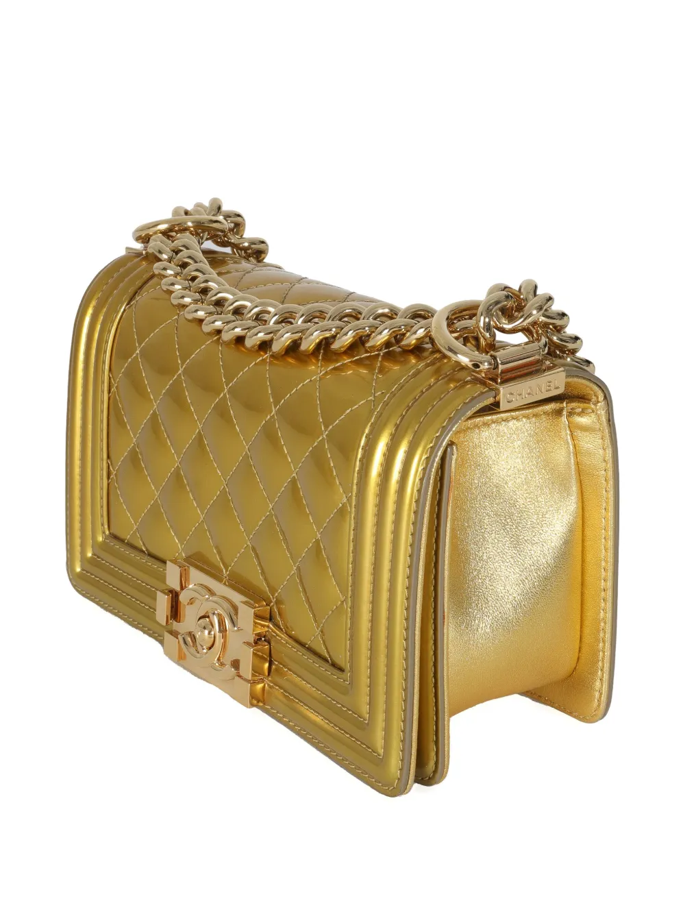 Pre-owned Chanel 2014 Small Boy Quilted-leather Shoulder Bag In Gold