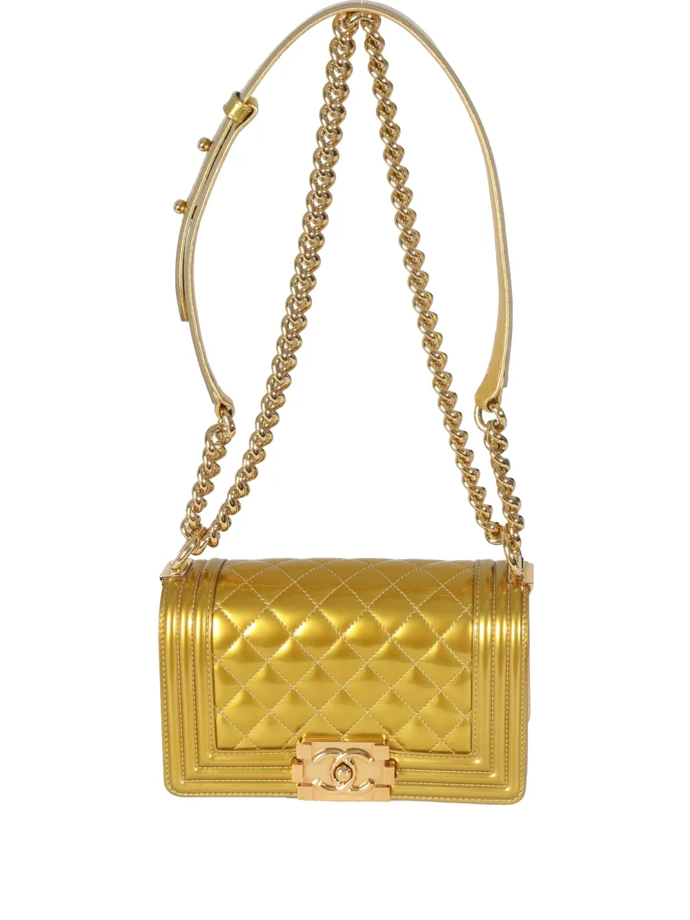 Pre-owned Chanel 2014 Small Boy Quilted-leather Shoulder Bag In Gold