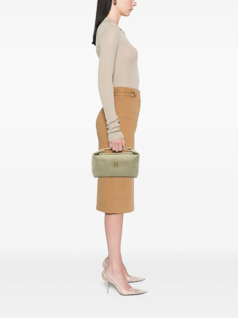 Pre-owned Hermes 2020-2025 Large Wool Bride A Brac H Natte Case Vanity Bag In Green