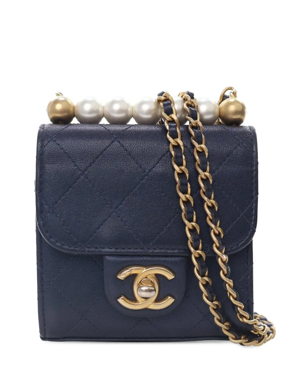 Pre-owned Chanel 2019 Mini Goatskin Chic Pearls Clutch On Chain Crossbody Bag In Blue