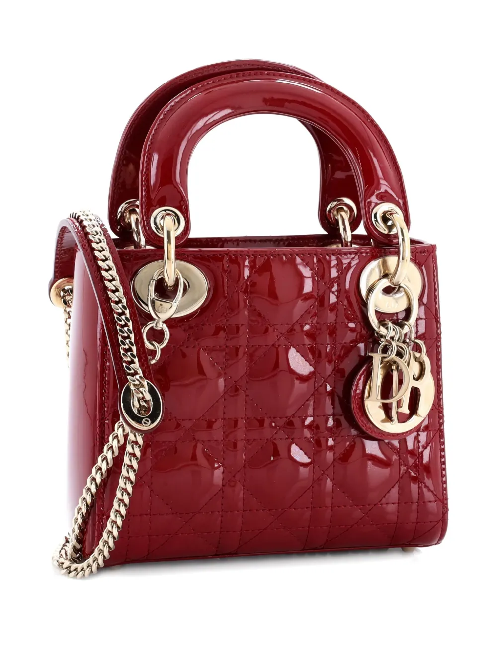 Pre-owned Dior Lady Chain Bag Cannage Quilt Patent Mini Satchel In Red