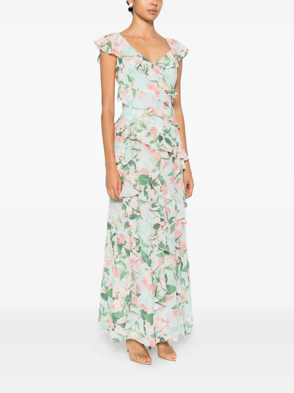 ELIZA J Maxi-jurk met ruches en bloemenprint Groen