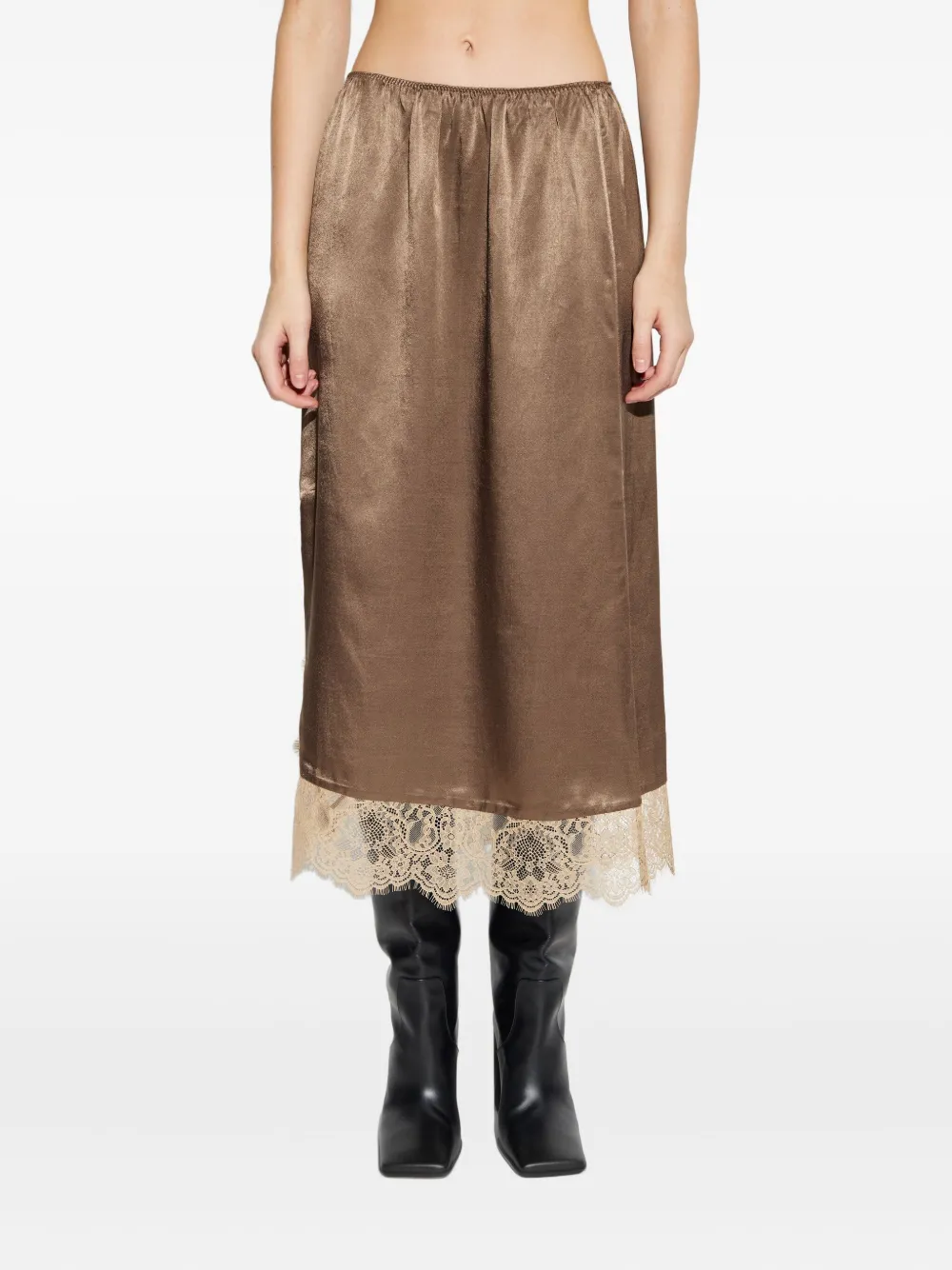Munthe Ravn Lace-trim Midi Skirt In Brown