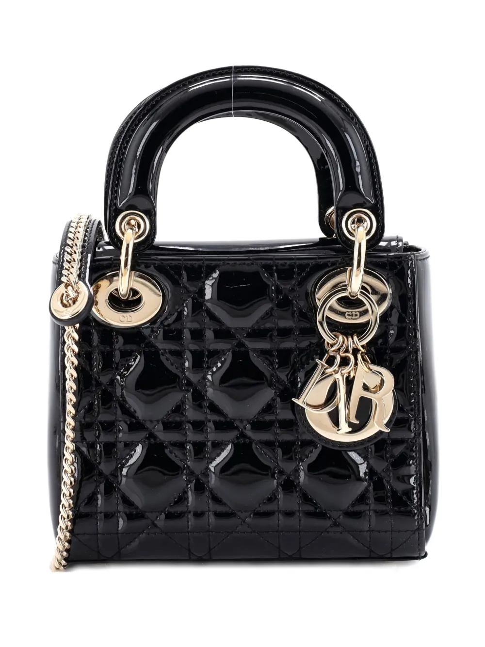 Pre-owned Dior Lady Chain Bag Cannage Quilt Patent Mini Satchel In Black