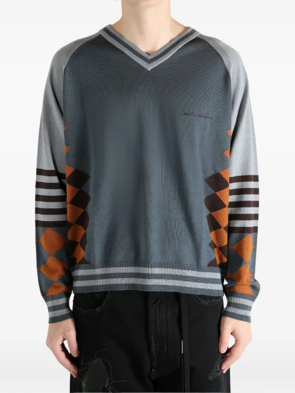 ASICS x Argyle Striped Ribbed Hem Jumper | Grey | FARFETCH JO