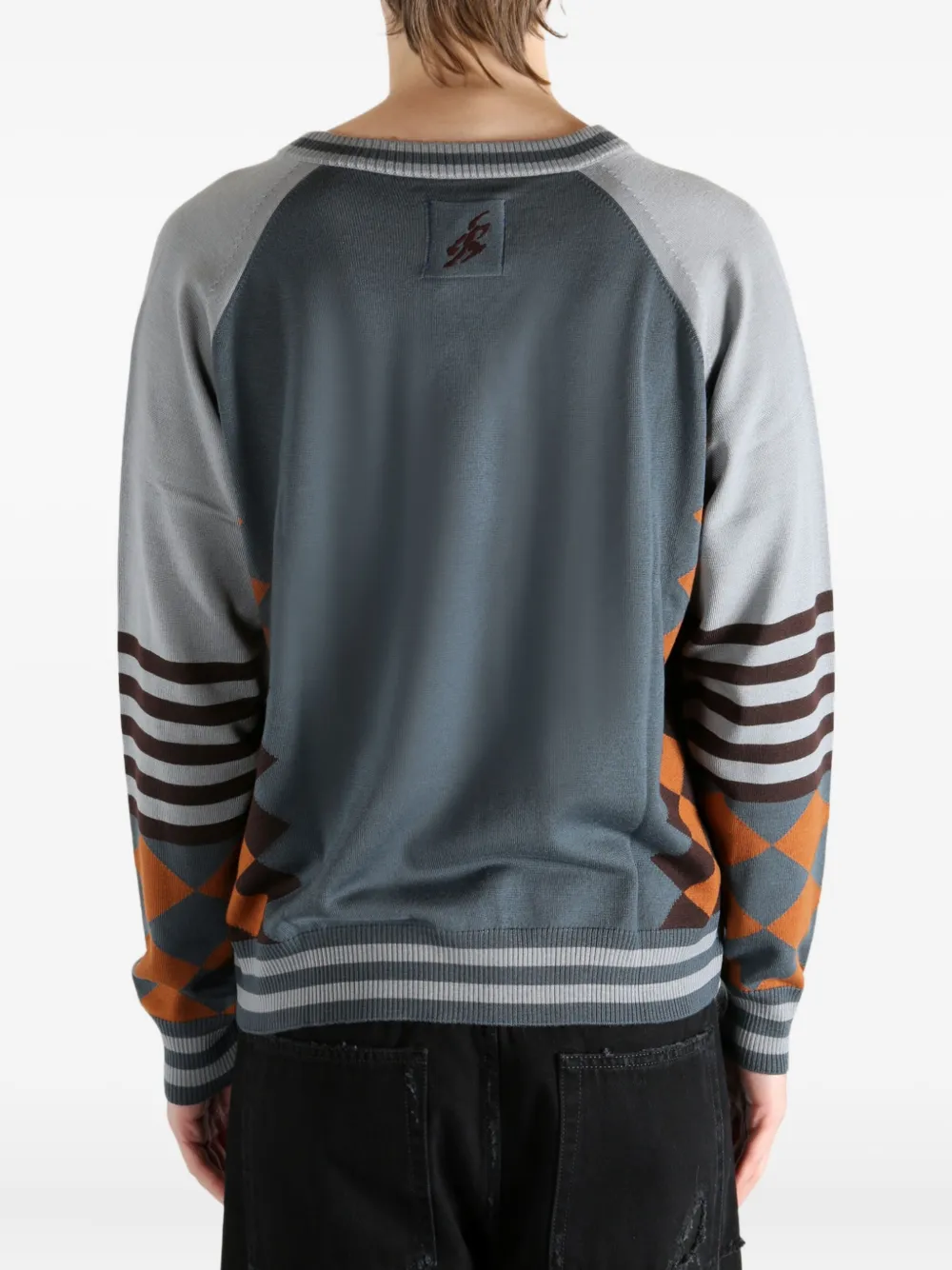 Asics X Argyle Striped Ribbed Hem Jumper In Gray