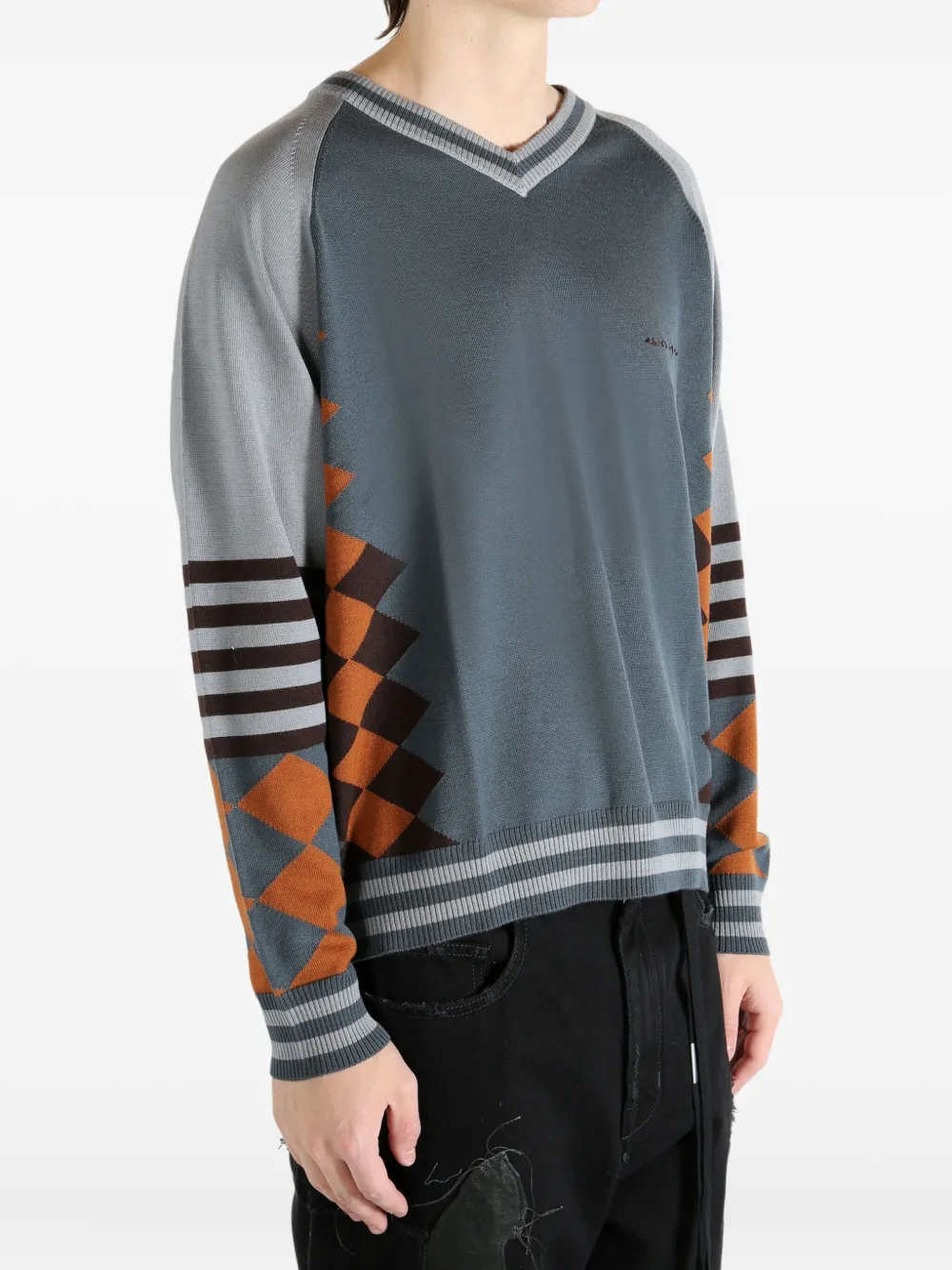 Asics X Argyle Striped Ribbed Hem Jumper In Gray