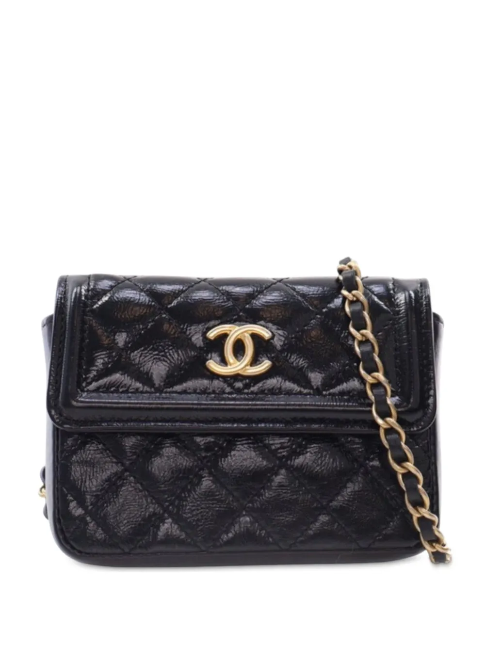 Pre-owned Chanel 2020 Quilted Shiny Aged Calfskin Waist Belt Bag In Black
