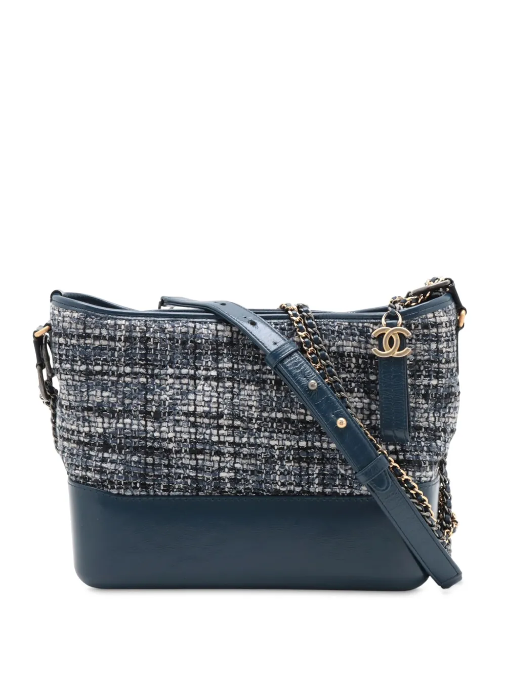 Pre-owned Chanel 2018 Medium Tweed And Calfskin Gabrielle Crossbody Bag In Blue