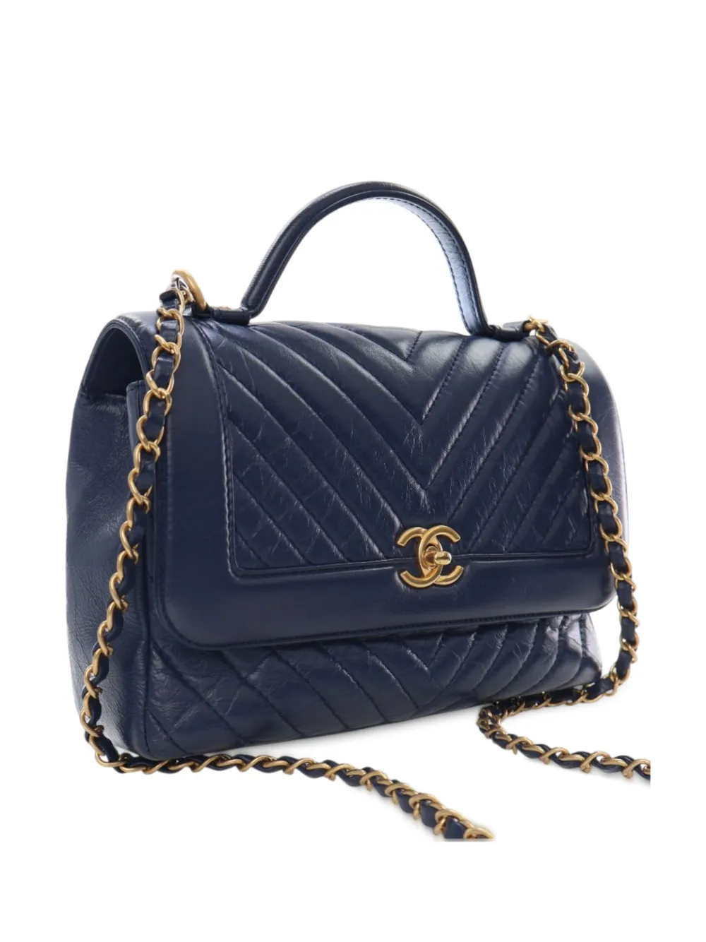 Pre-owned Chanel 2017-2018 Cc Chevron Aged Calfskin Top Handle Flap Satchel In Blue