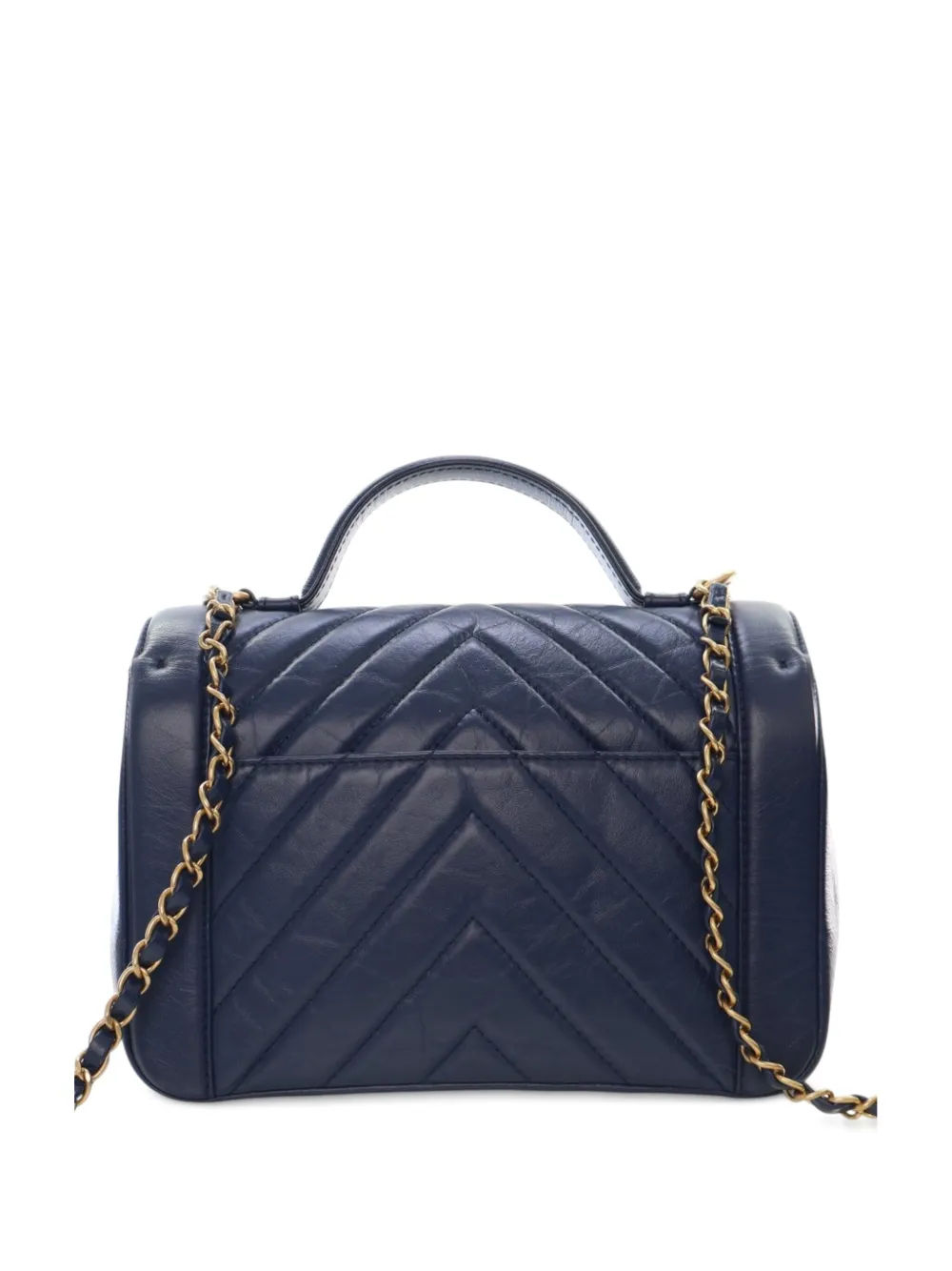 Pre-owned Chanel 2017-2018 Cc Chevron Aged Calfskin Top Handle Flap Satchel In Blue