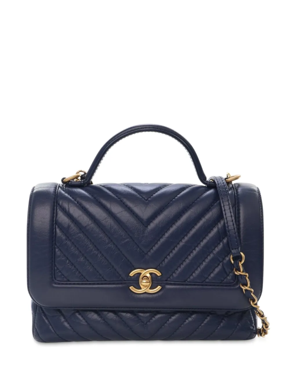 Pre-owned Chanel 2017-2018 Cc Chevron Aged Calfskin Top Handle Flap Satchel In Blue