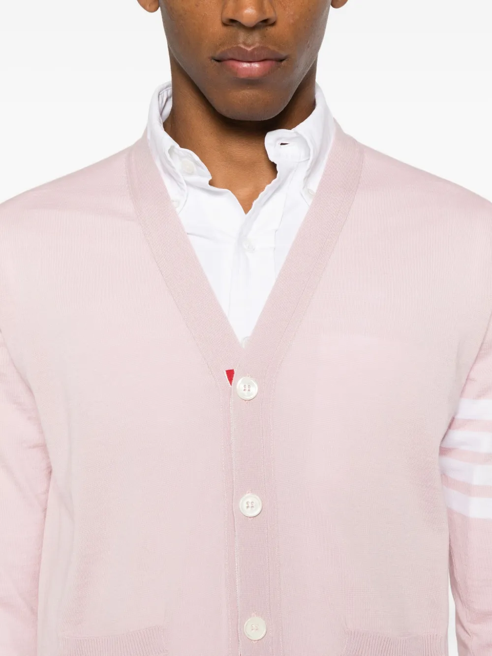 Thom Browne V-neck Fine-knit Cardigan In Pink