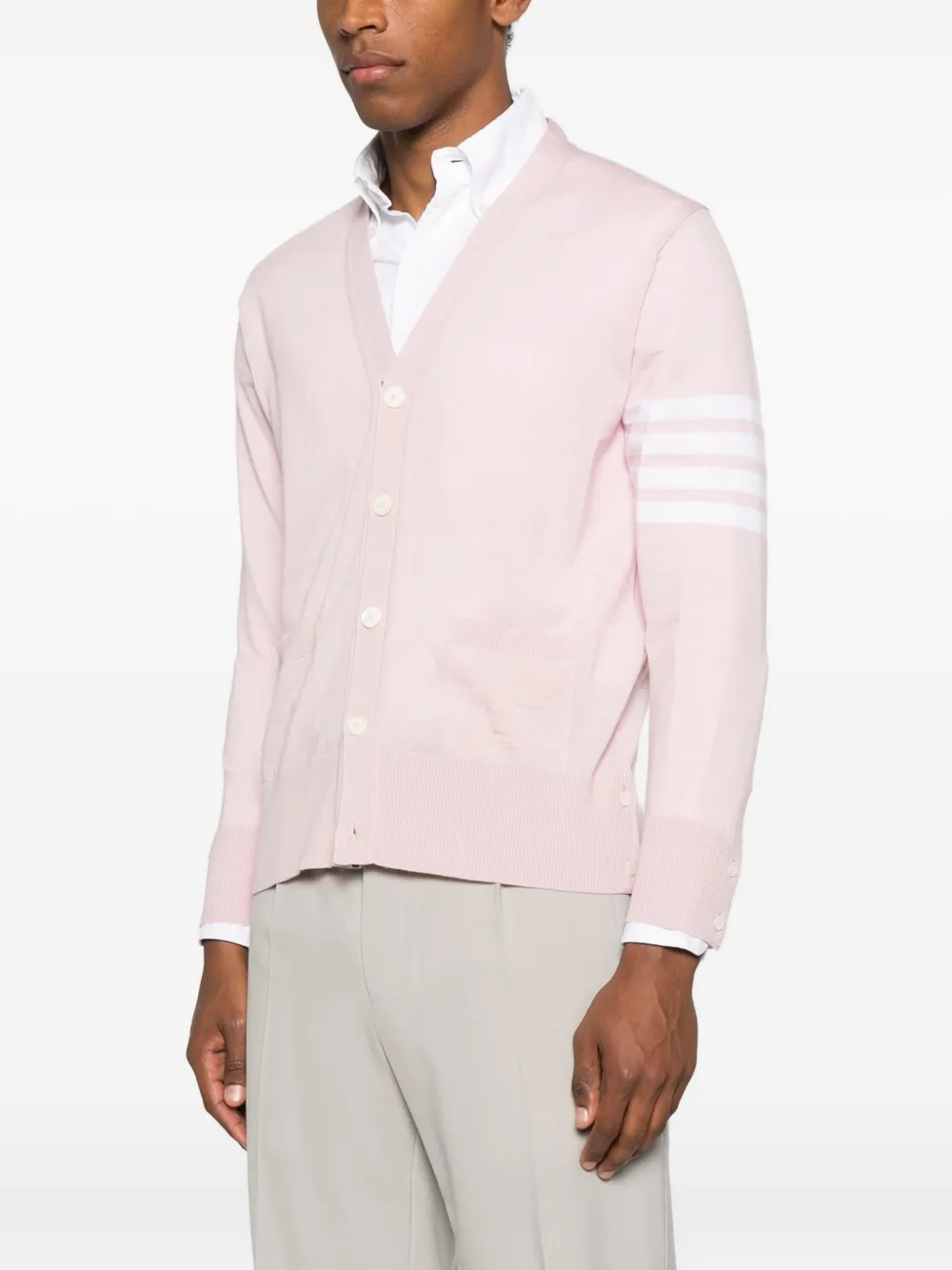 Thom Browne V-neck Fine-knit Cardigan In Pink