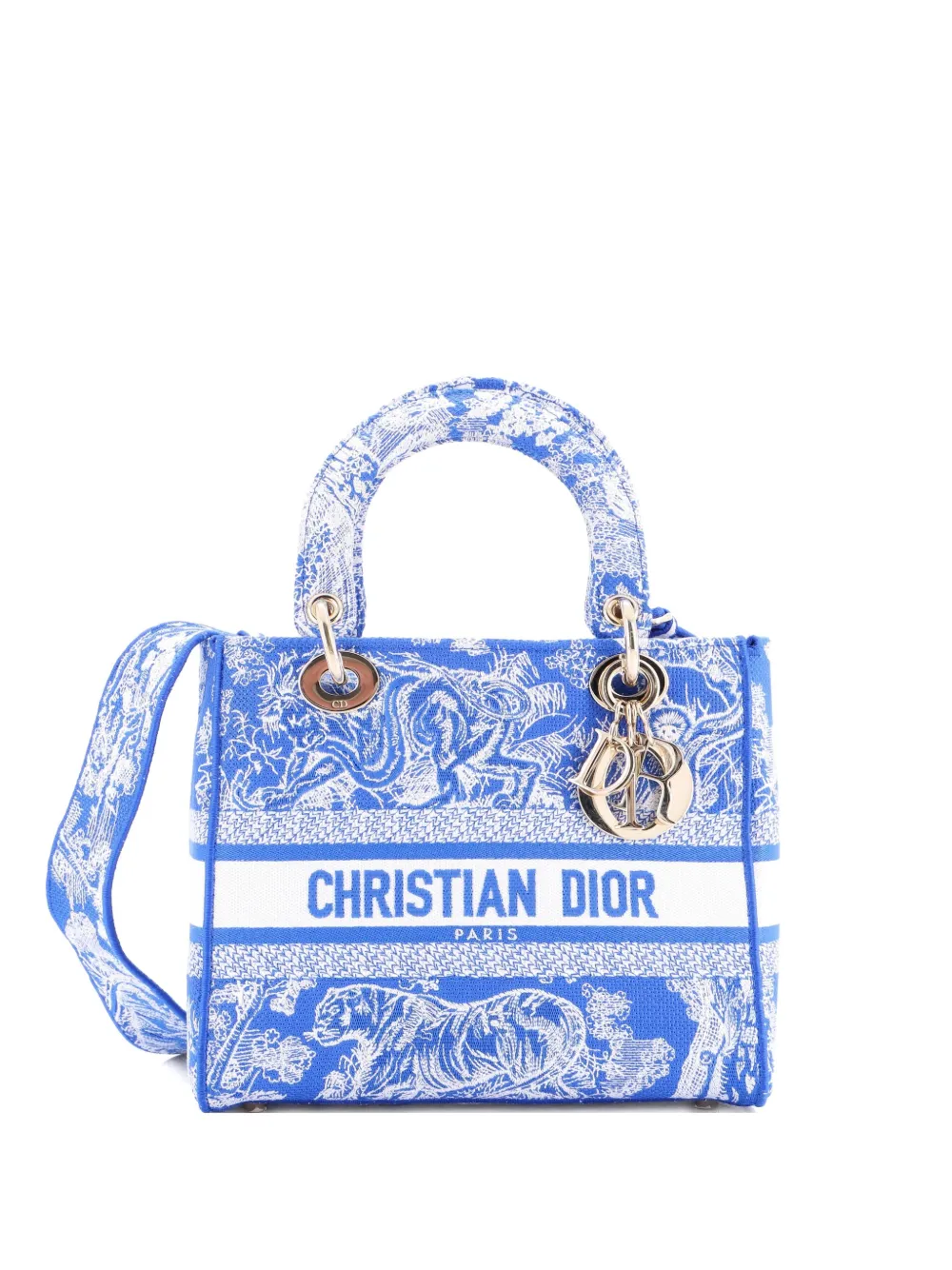 Pre-owned Dior Toile De Jouy Lady D-lite Bag Embroidered Canvas Tote Bag In Blue