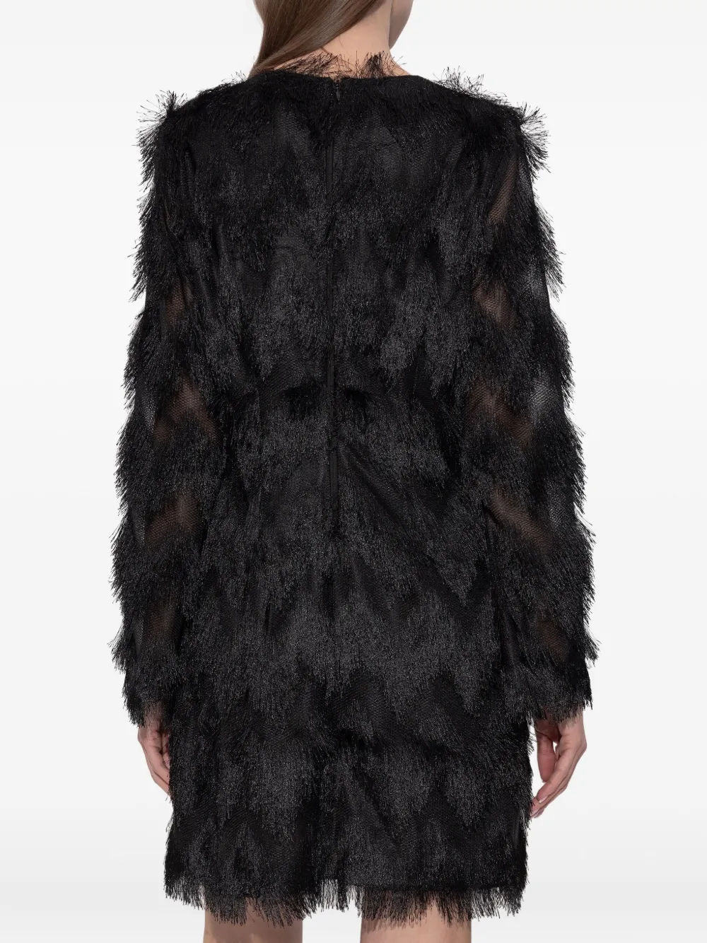 MUNTHE Ratti mini-jurk met franje en lange mouwen Zwart