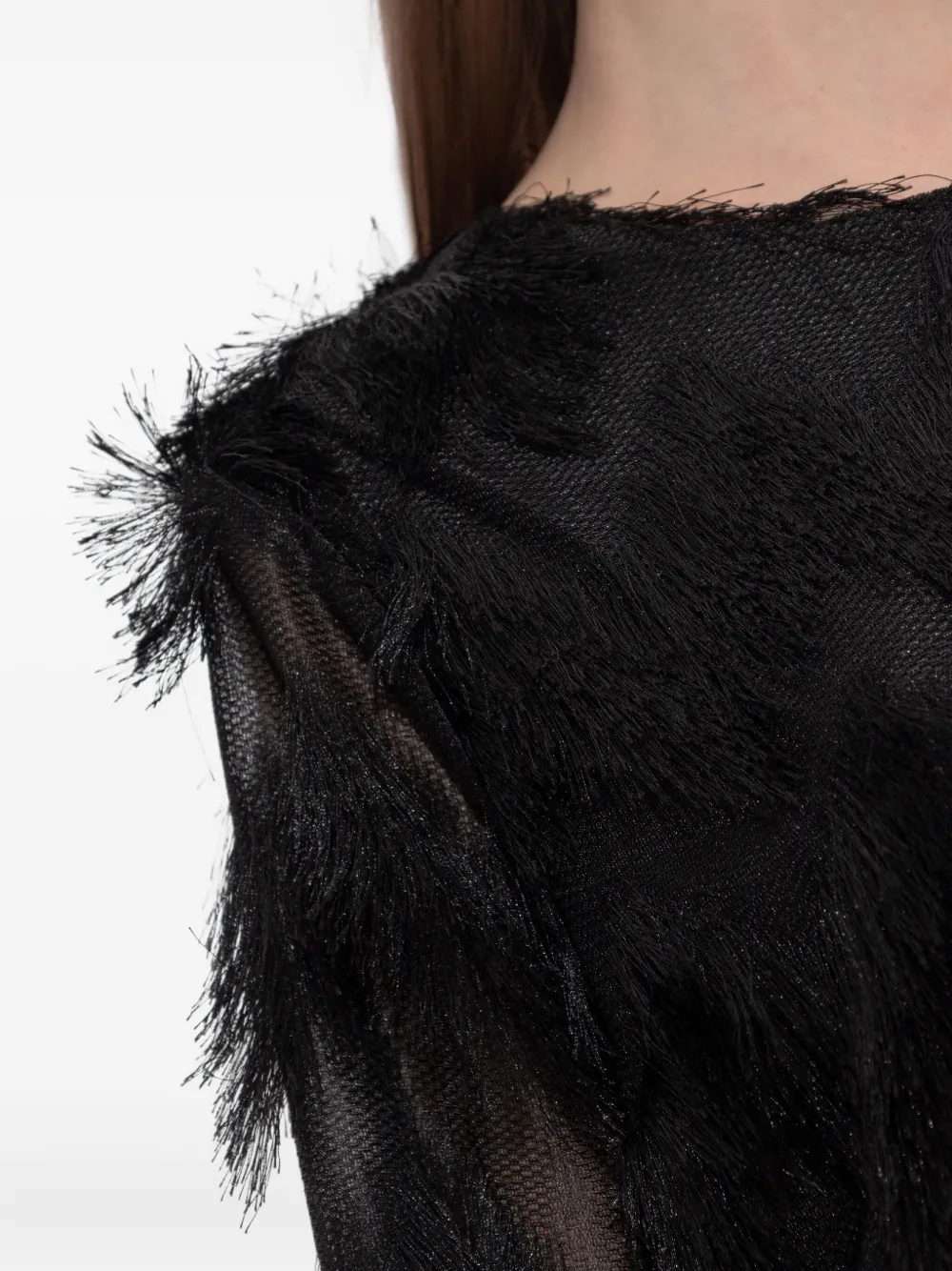 MUNTHE Ratti mini-jurk met franje en lange mouwen Zwart