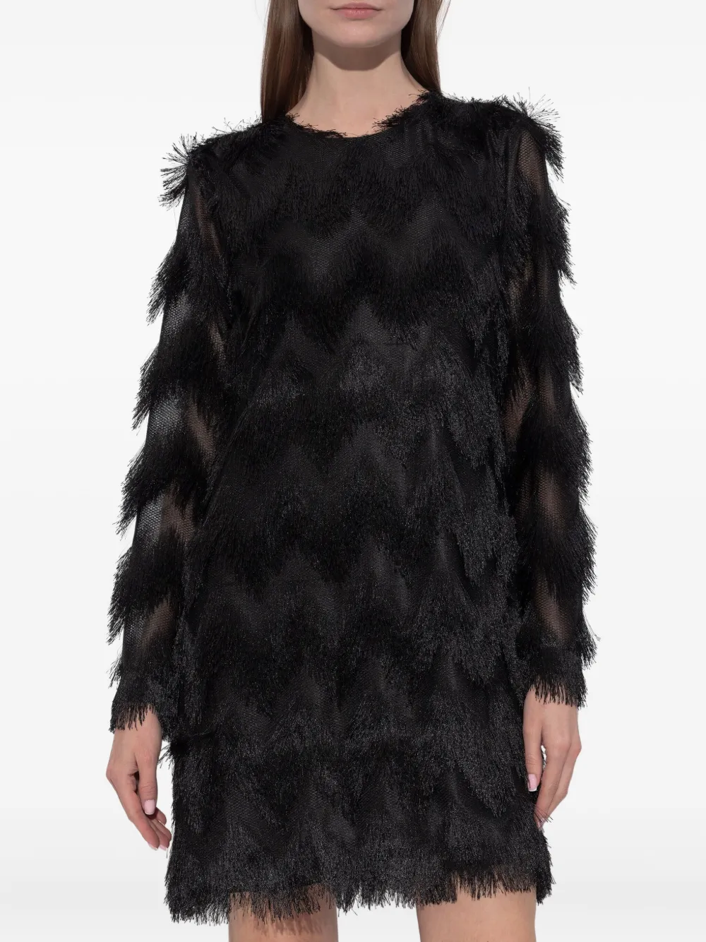MUNTHE Ratti mini-jurk met franje en lange mouwen Zwart