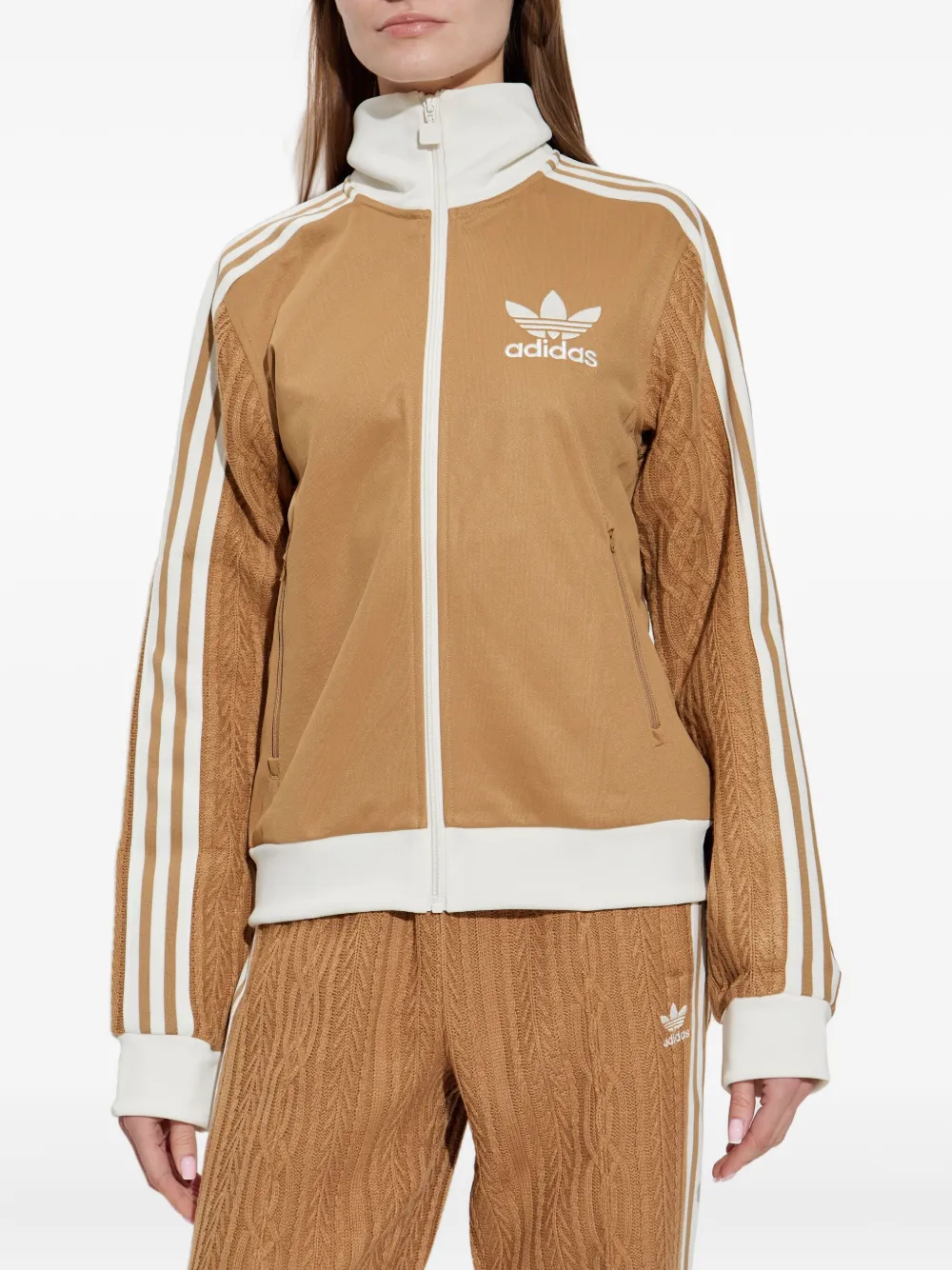 Adidas Originals Knitted-sleeve Zip-up Sweatshirt In Brown