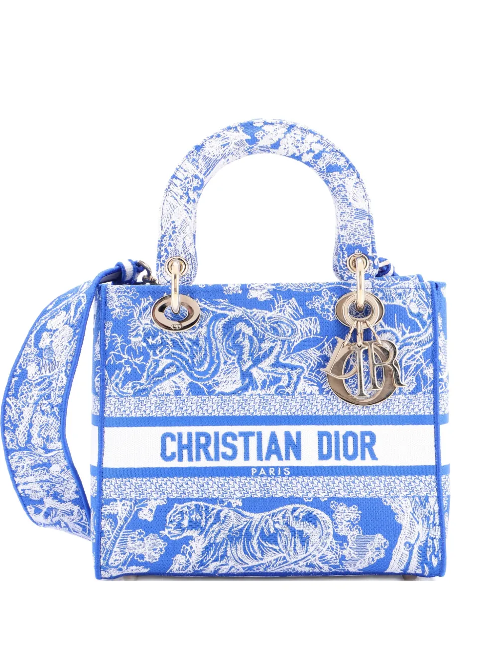 Pre-owned Dior Toile De Jouy Lady D-lite Bag Embroidered Canvas Tote Bag In Blue