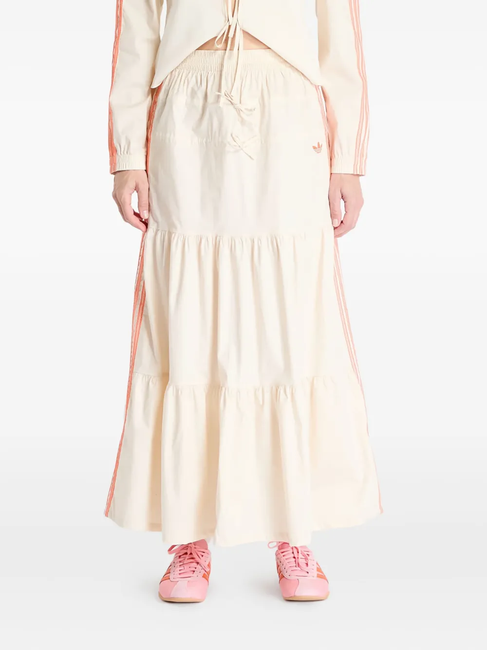 Adidas Originals Summer Glow Three-stripe Tiered Midi Skirt In Neutral