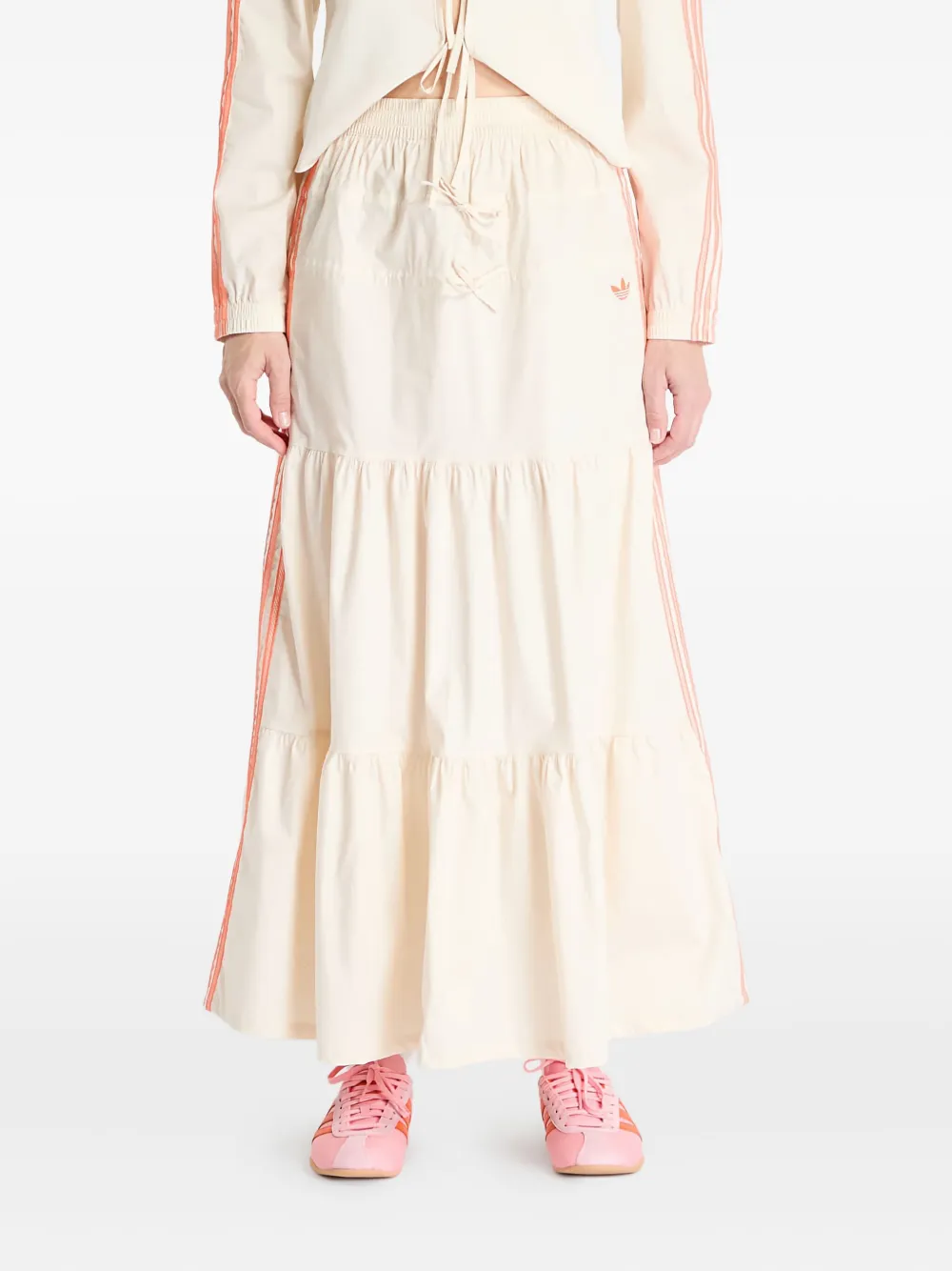 Adidas Originals Summer Glow Three-stripe Tiered Midi Skirt In Neutral