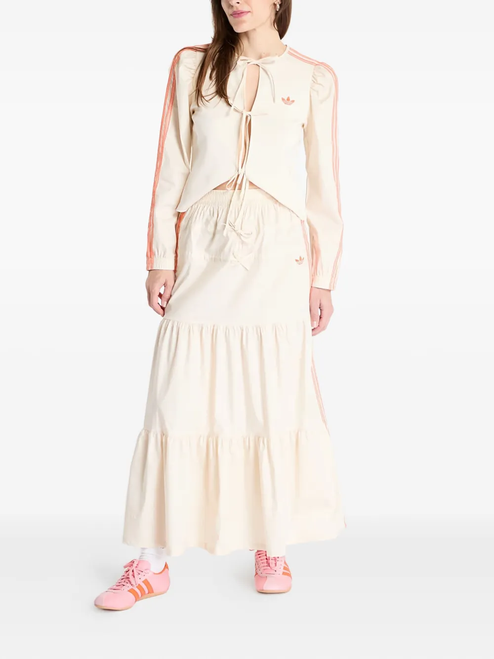 Adidas Originals Summer Glow Three-stripe Tiered Midi Skirt In Neutral