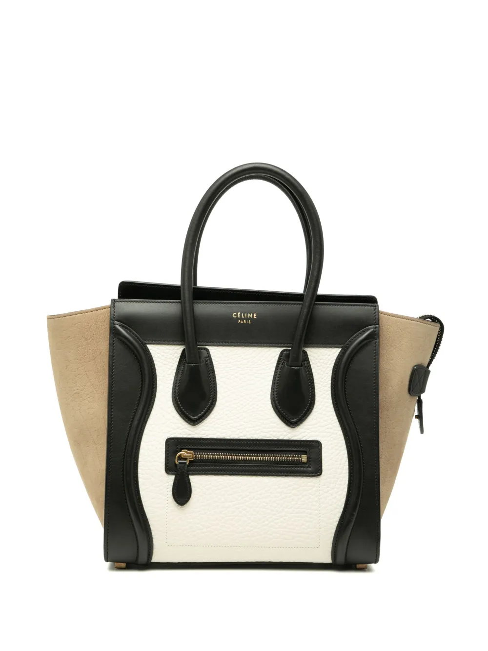 Pre-owned Celine 2015 Micro Tricolor Nubuck And Calfskin Luggage Tote Bag In White