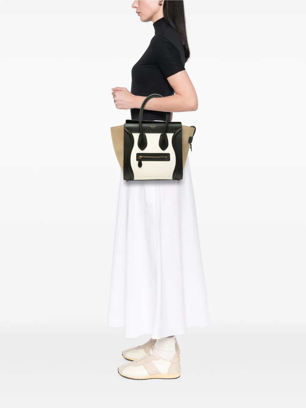 Pre-owned Celine 2015 Micro Tricolor Nubuck And Calfskin Luggage Tote Bag In White