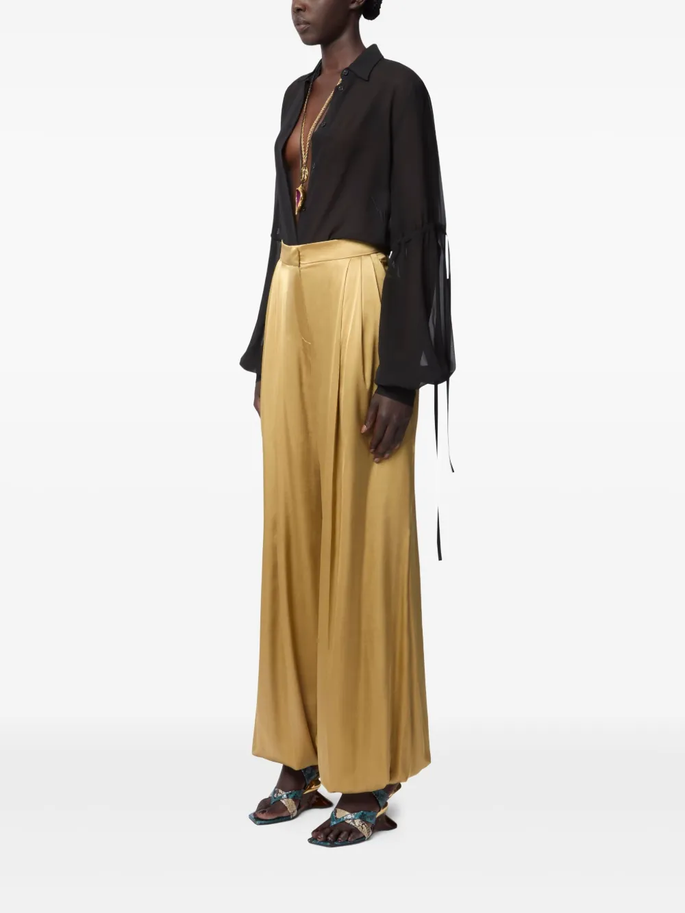Nina Ricci Pleated-effect Satin Palazzo Pants In Gold
