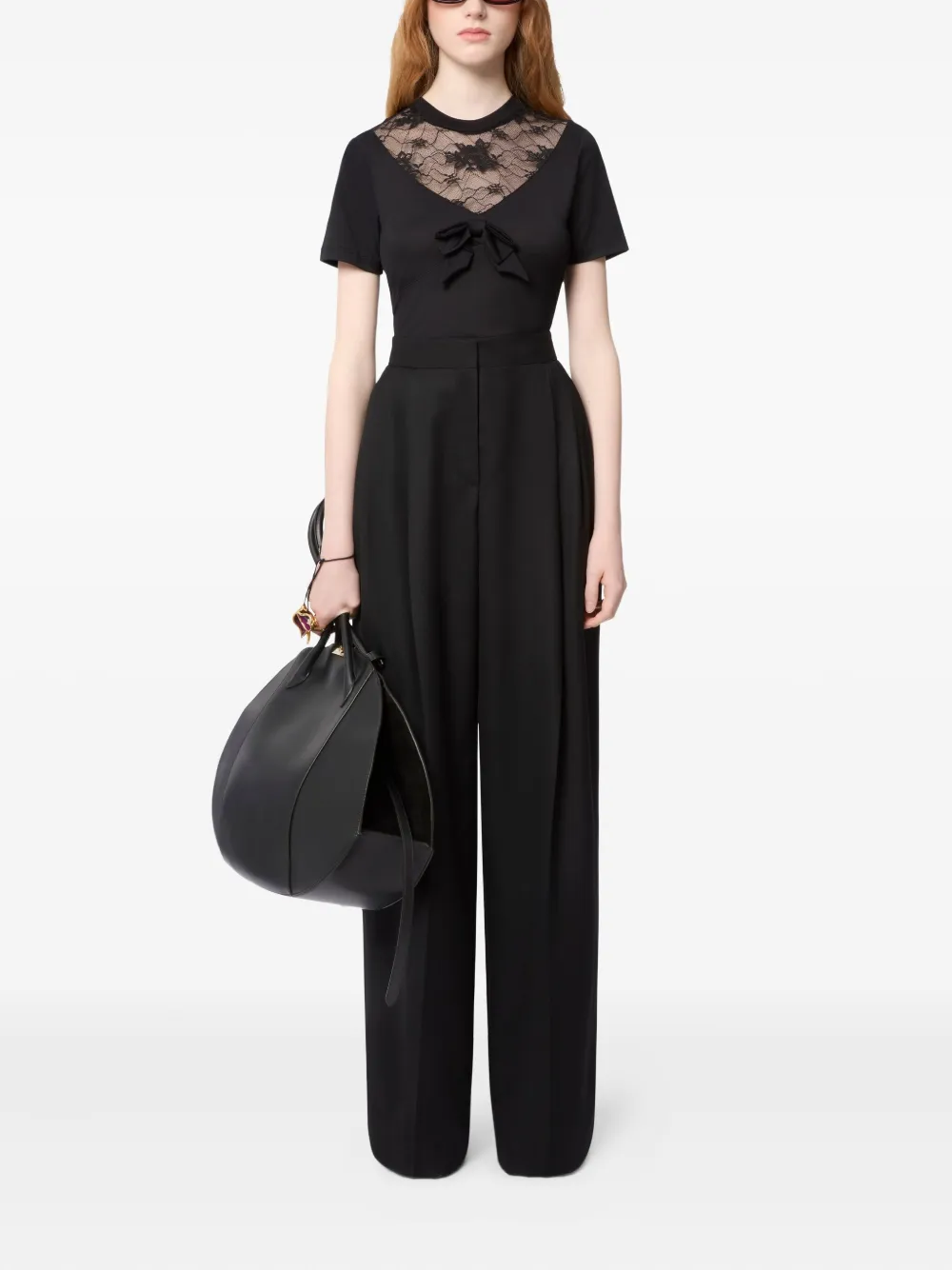 bow lace-inserts short-sleeves T-Shirt