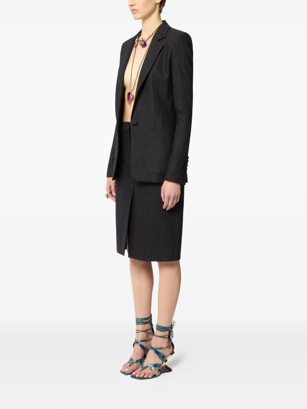  Nina Ricci Pinstriped Wool Midi Skirt - Black 