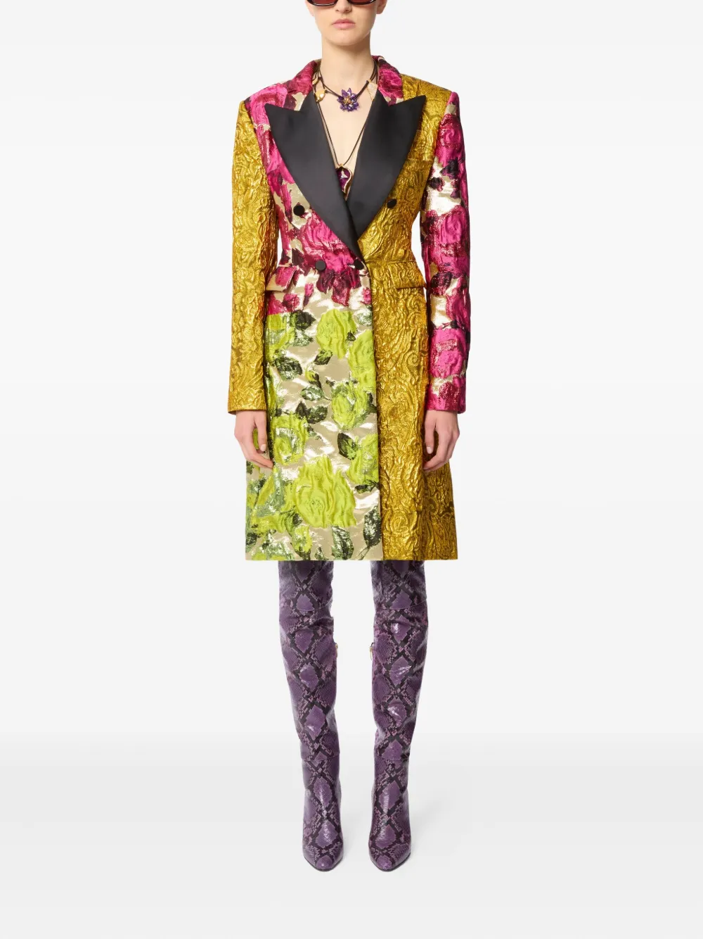  Nina Ricci Patchwork Jacquard Double-breasted Coat - Yellow 