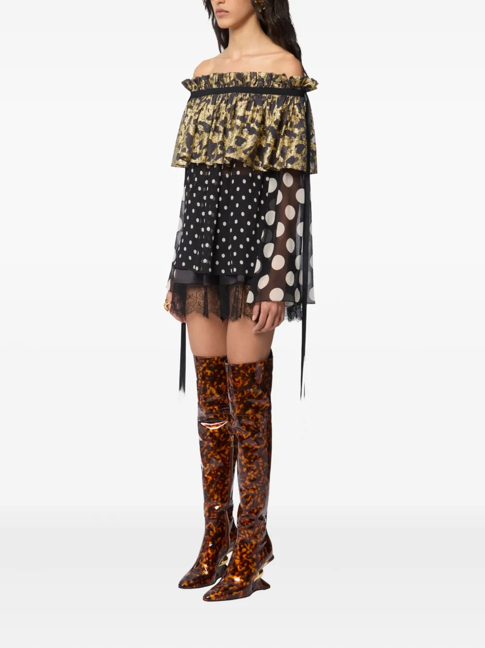 Nina Ricci Polka Dot-pattern Ruffled Satin Blouse - Black 