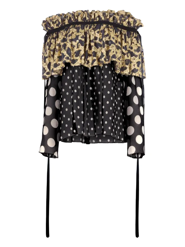 Nina Ricci Polka Dot-pattern Ruffled Satin Blouse in Black